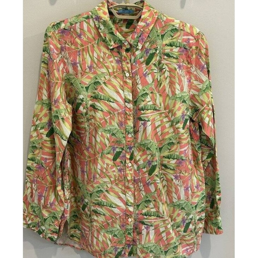 J McLaughlin Womens Green Pink Tropical Plaid Button Front Long Sleeve Shirt 100